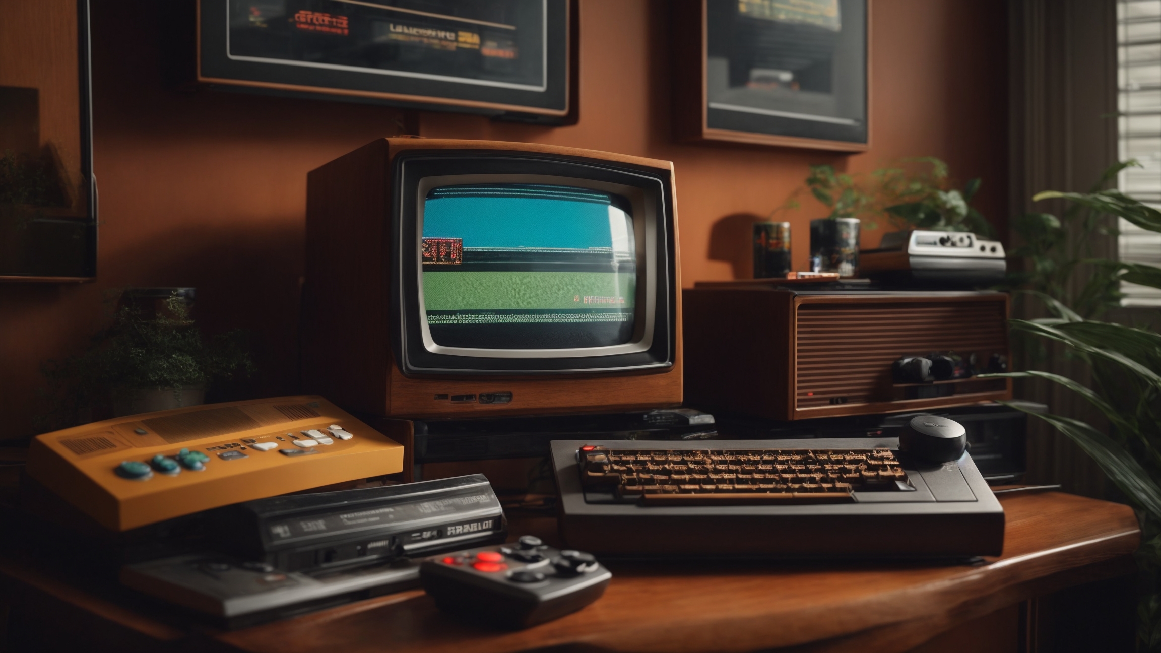 Retro gaming setup with pixel art on screen
