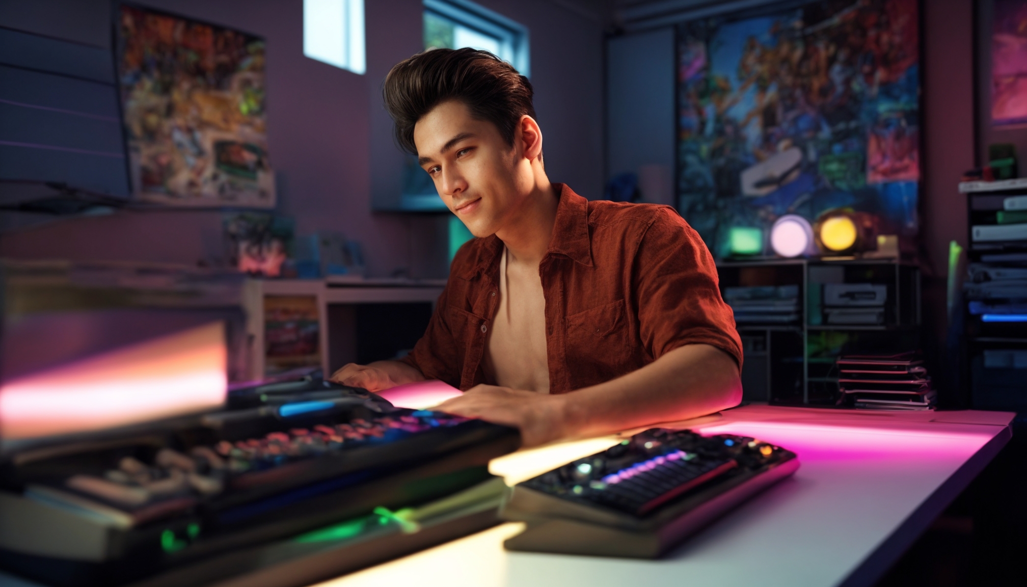 Person playing classic online Flash games on a laptop surrounded by retro gaming items