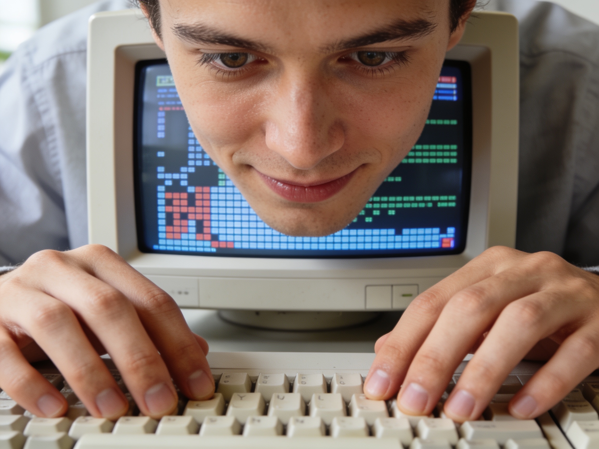 Person playing retro computer games in a modern workspace